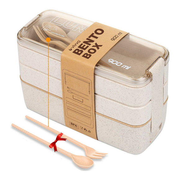 3 Layer Bento Lunch Box Eco-Friendly Leakproof 900ml Food Container Beige