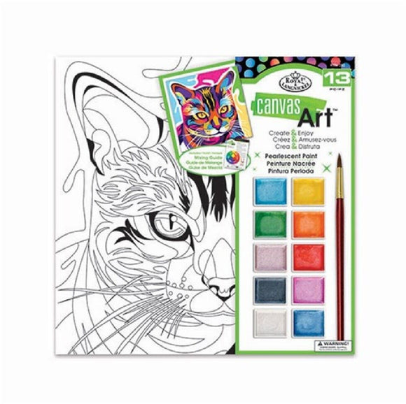 Pearlescent Painting Art Set Canvas 25x25cm 10 Watercolour Cakes Brush - Cat