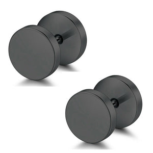 1 Pair Black Flat Round Barbell Earrings Plug Mens Stud 316 Stainless Steel 10mm