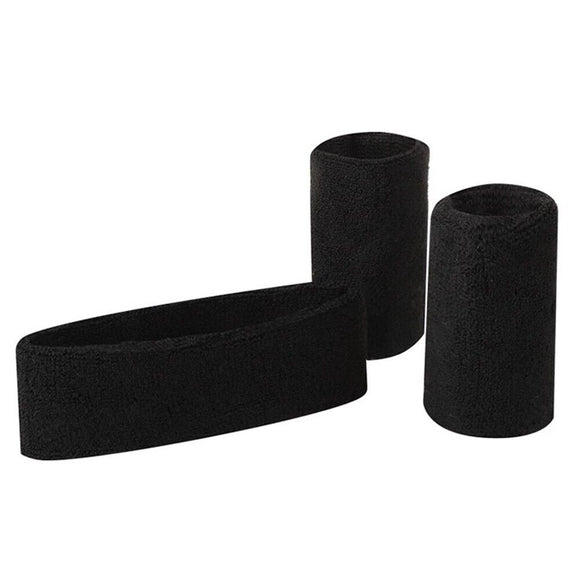 Set of 3 Sweat band wrist Head Sweatband Wristband Cotton Sport Tennis Gym Black