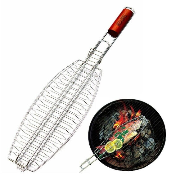 Fish Grill Wooden Handle Barbecue Basket BBQ Grilling Tool Outdoor Kitchen