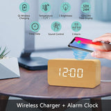 Wooden Alarm Clock with Wireless Charging Pad LED Digital Clock with Large Date
