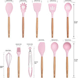 18+6 pcs Silicone Cooking Utensils Set with Wooden Handles & Holder Gadge - Pink