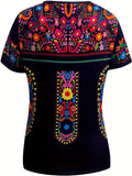 Floral Print Ethnic T-shirt Boho Crew Neck Short Sleeve Summer Women's Size S