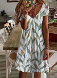 Leaves Print V Neck Dress Vacation Short Sleeve Random Printing Dress Women - S