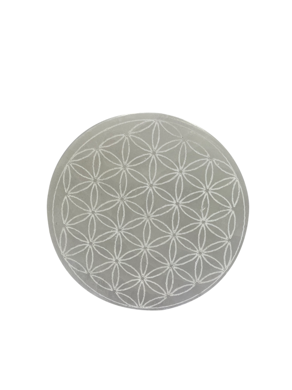 Flower of Life Selenite Charging Round Display Plate Crystal Jewelry Dish Holder