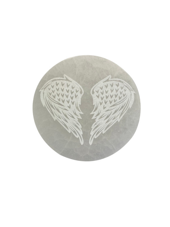 Angel Wings Selenite Charging Round Display Plate Crystals Jewelry Dish Holder