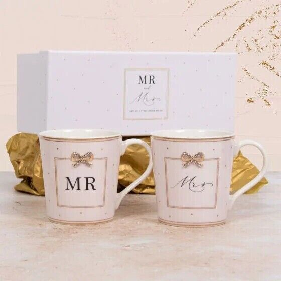 Mr & Mrs Mugs Set Wedding Anniversary Gift Engagement Jewelled