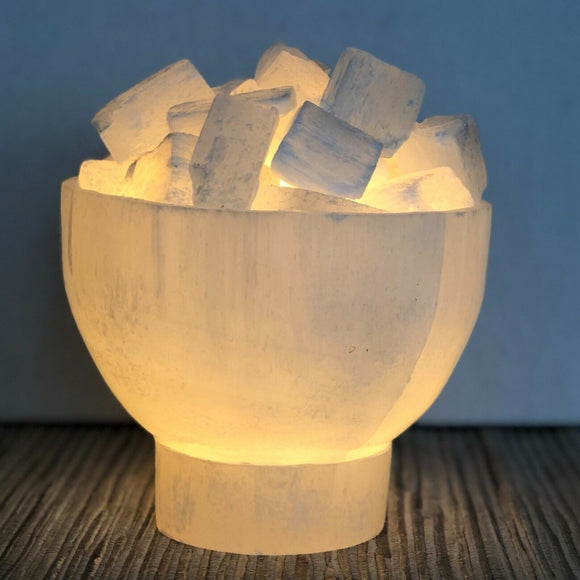 Selenite Firebowl with Lamp Chunks Rocks Natural Raw Crystal Healing Mineral