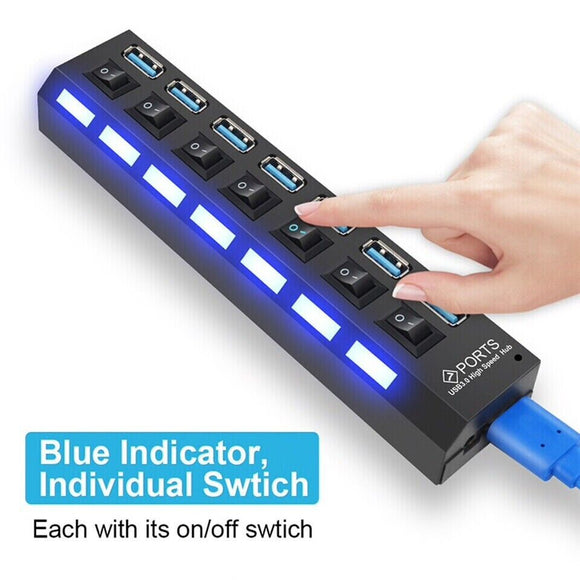 7 Port USB 3.0 High Speed Extension Hub Splitter Extender For PC Lapto ...