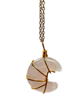 Rose Quartz Half Moon Shape Pendant Necklace Gold Healing Polished Tumbled