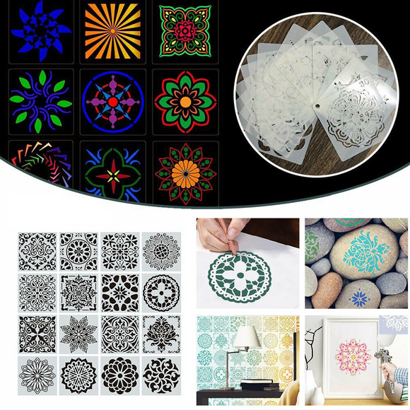 16 Pack Mandala Painting Stencils Drawing Dot Templates For Floor Wall DIY Decor