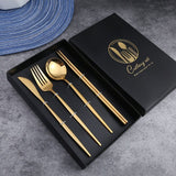 Travel Cutlery Set Stainless Steel Portable Fork Spoon Chopstick Tableware Gold