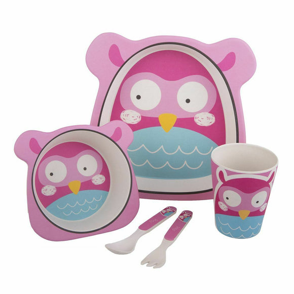 Owl Bamboo Kids Meal Time Set Spoon Plate Fork Children Kid 5 pieces