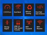 AC1300 USB 3.0 WiFi Wireless Adapter Dongle 802.11ac 5GHz Dual Band 11AC