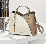 Color Block Satchel Bag Trendy Metal Tassel Decor Crossbody Bag White Caramel