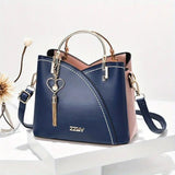 Color Block Satchel Bag Trendy Metal Tassel Decor Crossbody Bag Dark Blue Rose