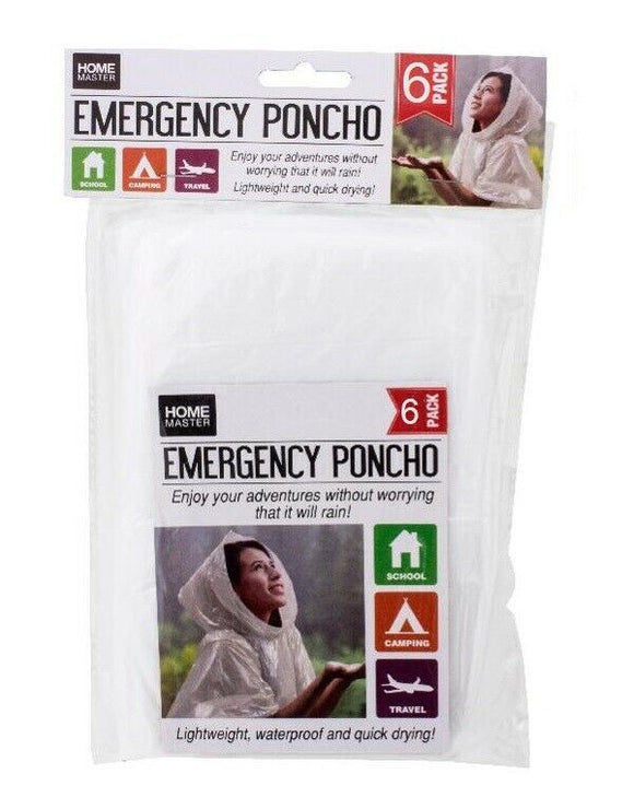 6x Disposable Clear Emergency Poncho Disposable Waterproof Rain Rainwear