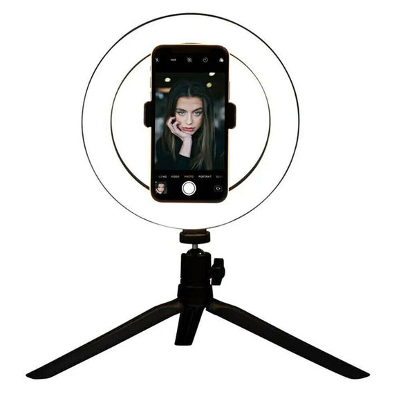 Studio Tabletop Selfie Ring Light w/ Phone Holder Tripod Stand LED 20cm Black