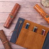 Canvas Treasure Map Wrap Roll Up Pencil Bag Leather Case Holder Pouch Brown