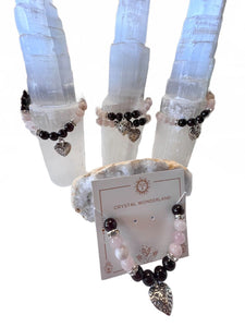 1pc Rose Quartz Garnet Crystal Beads with Heart Charm Bracelet 8mm Healing