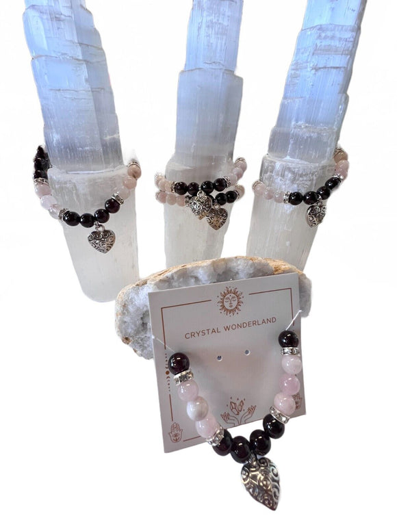 1pc Rose Quartz Garnet Crystal Beads with Heart Charm Bracelet 8mm Healing