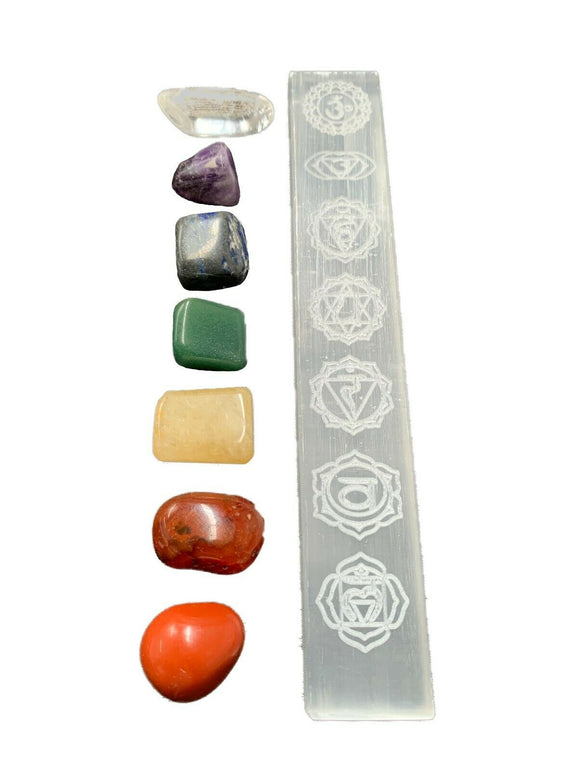 Chakra Symbols Selenite Crystal Charging Plate 7 Pieces Tumbled Crystal Set