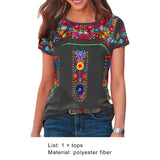 Floral Print Ethnic T-shirt Boho Crew Neck Short Sleeve Summer Women's Size S