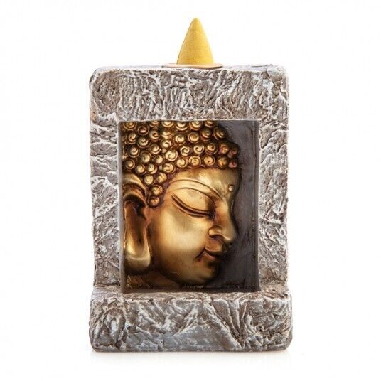 Stone Frame Buddha Head Backflow Incense Burner Smoke Cones Holder Home Decor