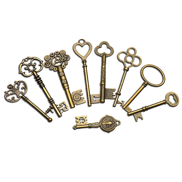 9x Large Antique Vtg Old Brass Skeleton Big Keys Lot Cabinet Barrel Lock