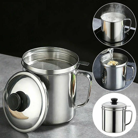 1.8L Stainless Steel Oil Filter Pot Cooking Soup Grease Strainer Separator Home