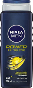 NIVEA MEN Power Fresh 3-IN-1 Shower Gel Body Wash 500ml Body Wash with Citrus