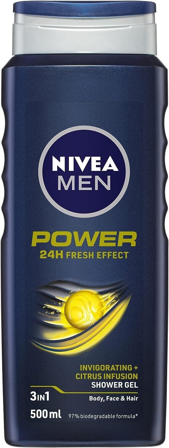 NIVEA MEN Power Fresh 3-IN-1 Shower Gel Body Wash 500ml Body Wash with Citrus