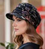 Stylish Vintage Flower Print Newsboy Hat Lightweight and Ruched Sun Hat - Black