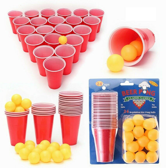 Beer Pong Drinking Game Set Kit 24 Cups 24 Balls Party Pub BBQ