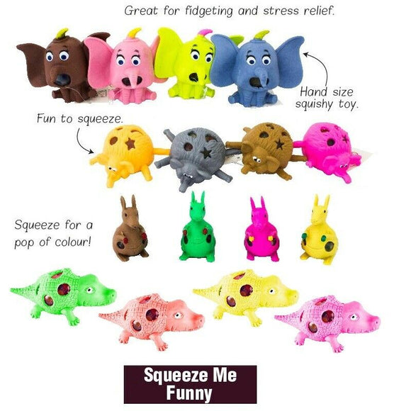 4 x Sticky Squishy Water Orbs Squeeze Me Animals Elephant Kangarro Croc Assorted