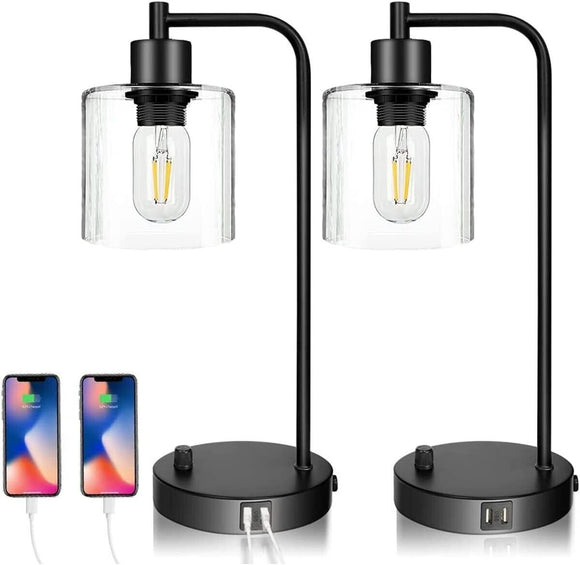 Set of 2 Industrial Table Lamp with 2 USB Port Fully Stepless Dimmable Bedside