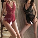 Womens Sexy Lace Bodys Lingerie Crotchless Babydoll Bodysuit Underwear Red Wine