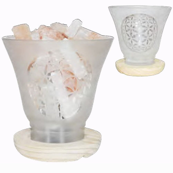 1x Himalayan Pink Salt Stones Glass Lamp - Frosted Flower of Life