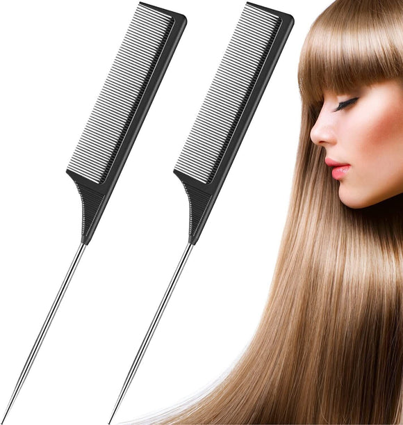 2x Rat Tail Comb Stainless Steel Pintail Heat Resistant Carbon Fiber Teasing