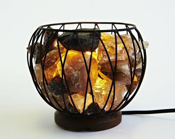 Crystal Cage Smokey Quartz Lamp LED Globe Metal Basket Vase Bowl Natural Rock