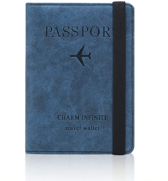 Passport Holder Cover Case PU Leather Travel Wallet RFID Blocking Card - Blue