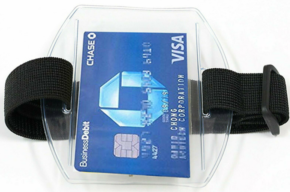Vertical Armband Security ID Card Photo Badge Holder Clear   Black Elastic Strap