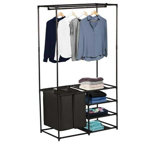 Box Sweden Wardrobe Organiser 4 Tier w/ Laundry Bag Garment Shirts Storage Rack