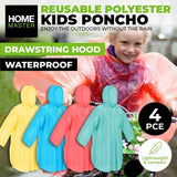 4x Reusable Poncho Kid Coloured Lightweight Quick Drying Drawstring Hood
