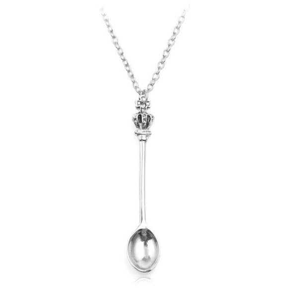 Mini Crown Spoon Necklace Pendant Charm Festival Cutlery Royal Tea - Silver