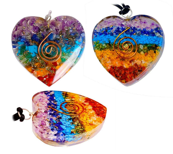 Large Orgonite Pendant 7 Chakras Layered Orgone Gemstone Heart Dual Copper Coil