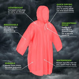 4x Reusable Poncho Kid Coloured Lightweight Quick Drying Drawstring Hood