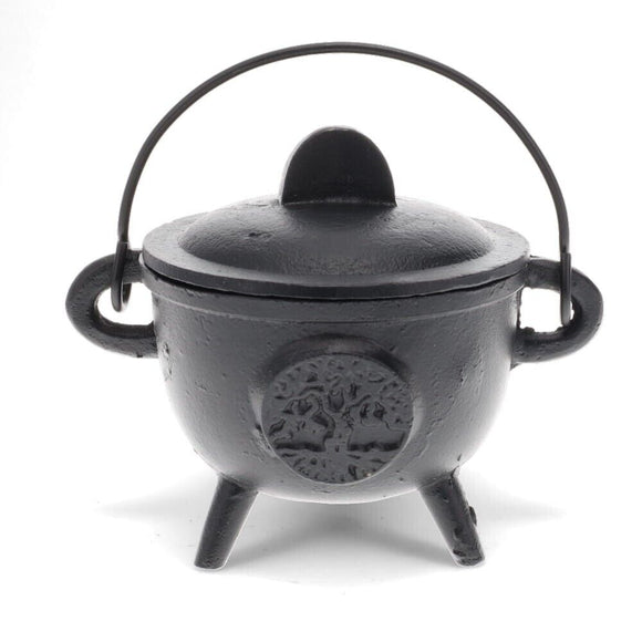 1x Cast Iron Cauldron Tree Of Life Incense Burner Smudge Herbs with Lid - Black Matt