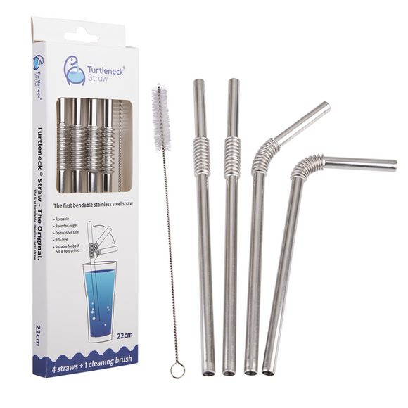 5pc TURTLENECK STAINLESS STEEL BENDABLE STRAW SET W/ CLEANING BRUSH ECO FRIENDLY